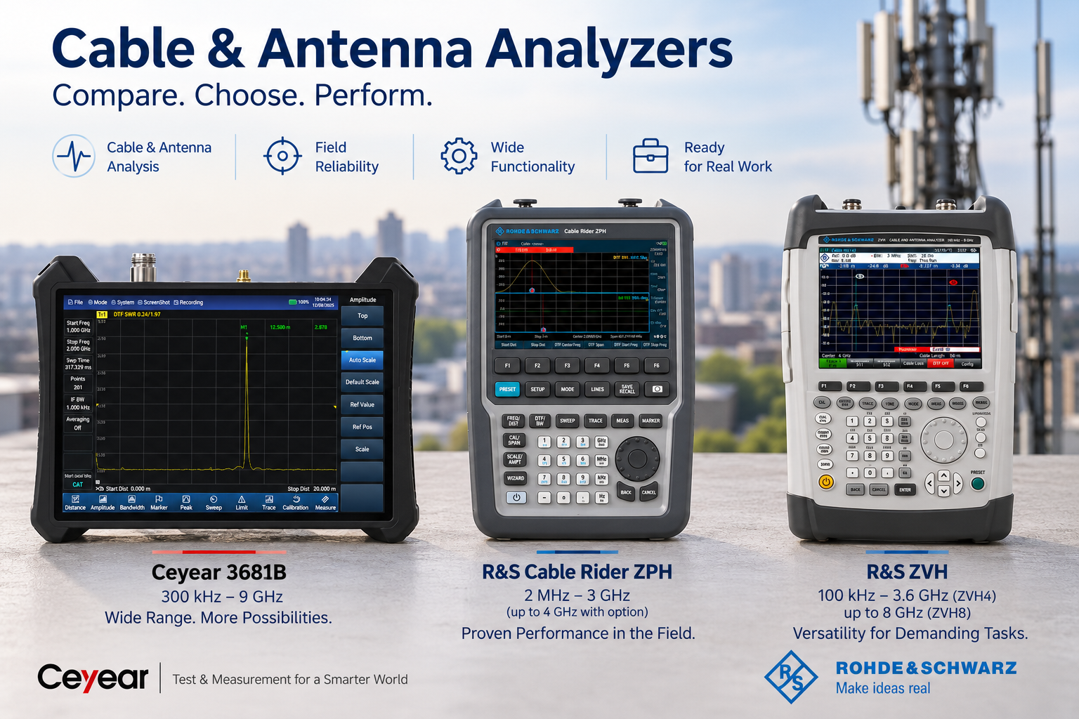 Cable & Antenna Analyzer Comparison: Ceyear 3681B  vs.  R&S Cable Rider ZPH  vs.  R&S ZVH